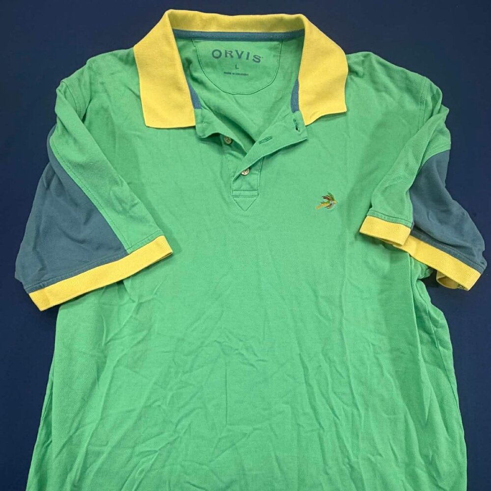 Orvis Colorblock Cotton Polo Shirt Green Yellow Blue Size L
